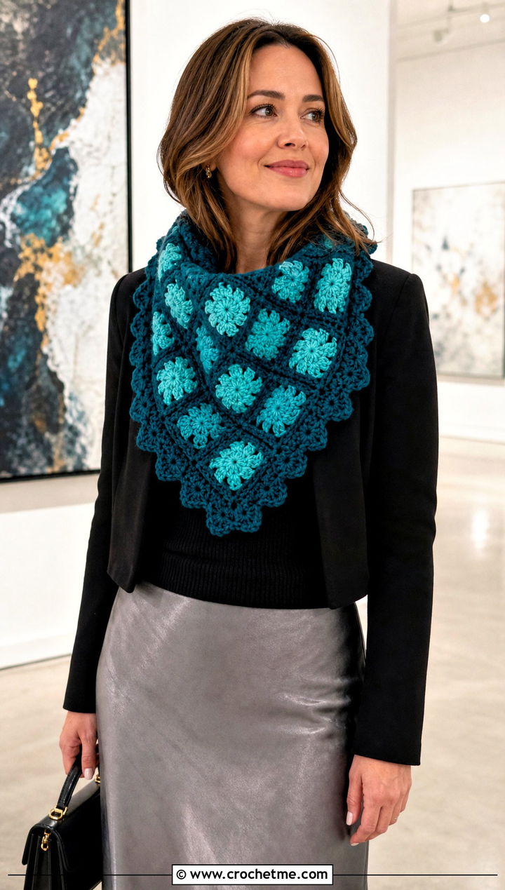 Ruffle Edge Granny Square Cowl With Midi Skirt - 25 Granny Square Cowl outfit ideas