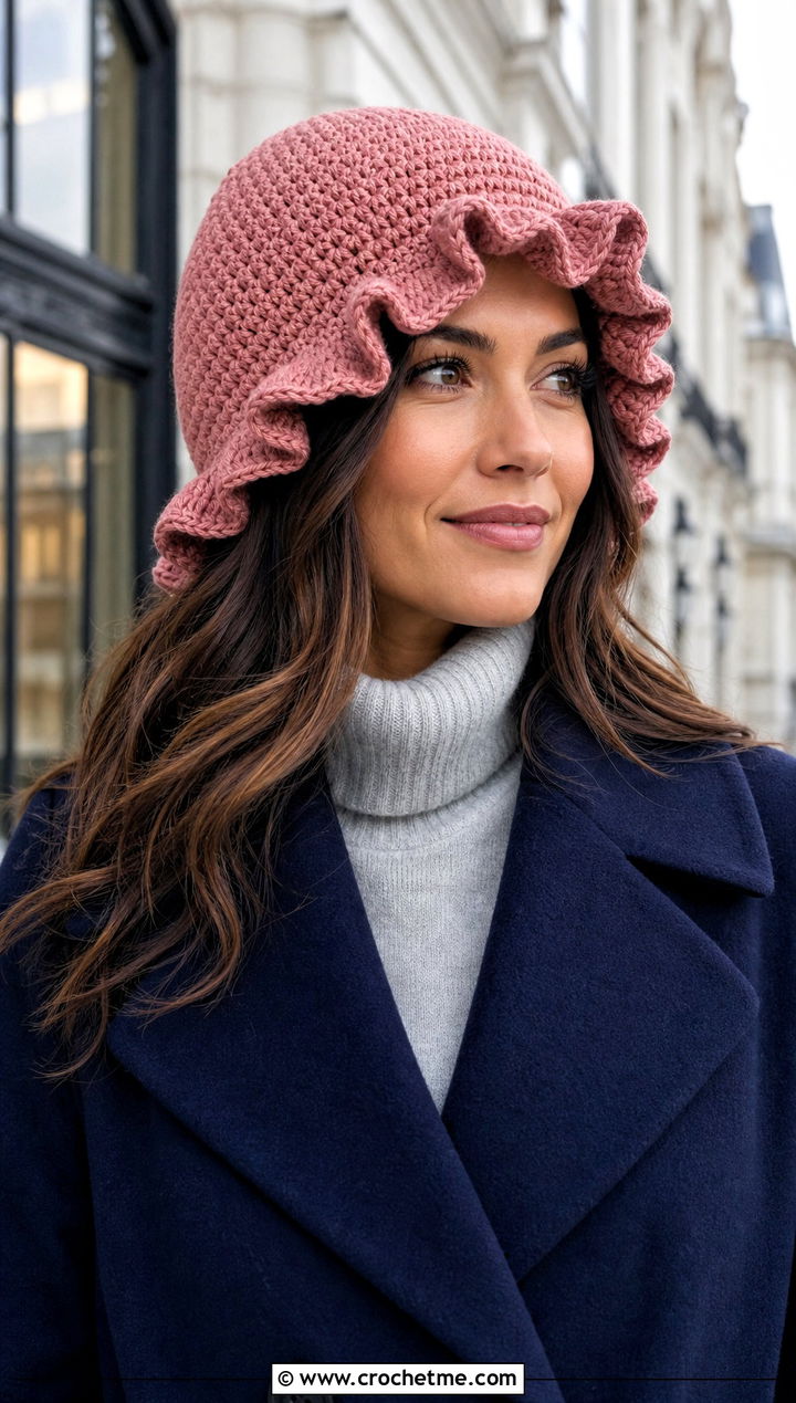 Ruffle Edge Long Crochet Hat With Maxi Coat - 30 crochet long hat outfit ideas