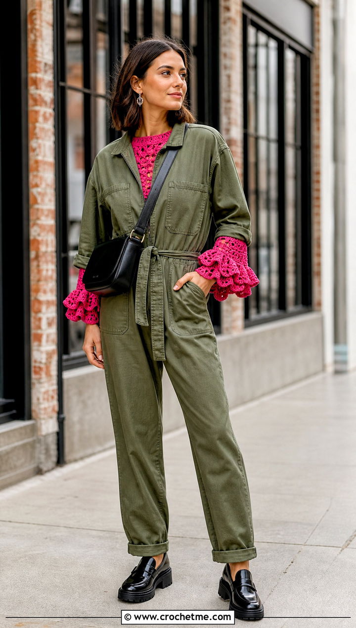 Ruffle Flare Sleeve Crochet Top With Utility Jumpsuit - 20 Crochet Top With Flare Sleeves outfit ideas