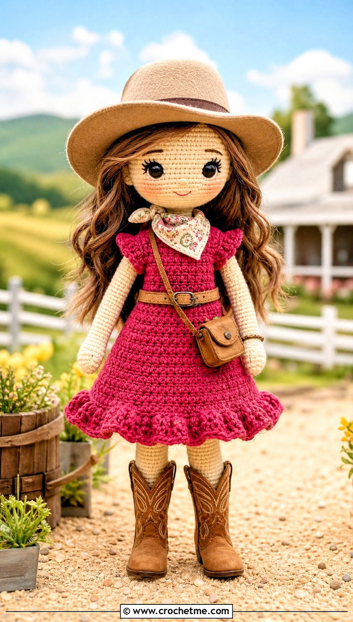 Ruffle Hem Crochet Doll Dress With Cowboy Boots - 25 amigurumi crochet doll dress outfit ideas