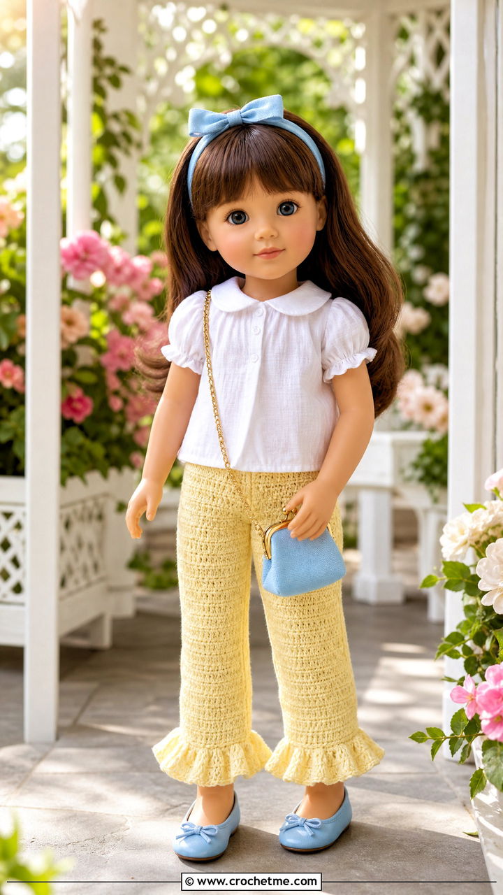 Ruffle Hem Crochet Doll Pants With Peter Pan Blouse - 35 crochet doll pants outfit ideas