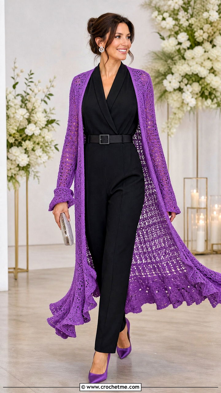 Ruffle Hem Crochet Duster Cardigan With Jumpsuit - 35 crochet duster cardigan outfit ideas