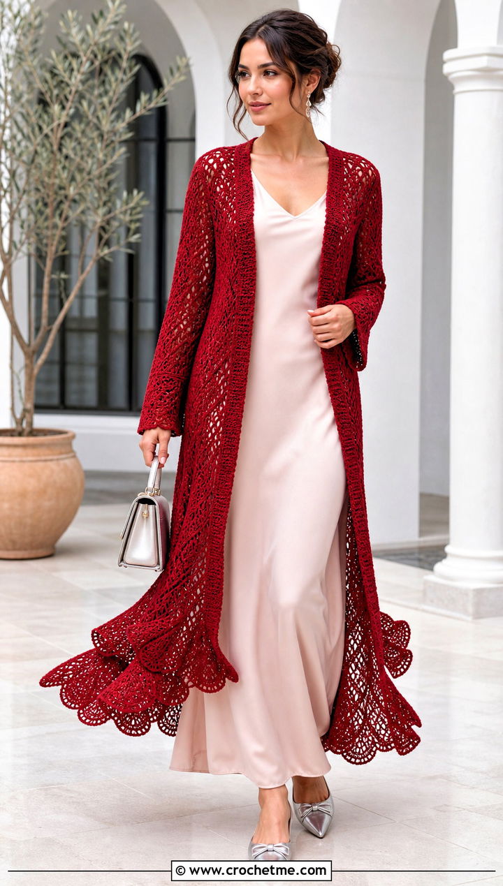 Ruffle Hem Crochet Long Coat With Maxi Dress - 35 crochet long coat outfit ideas