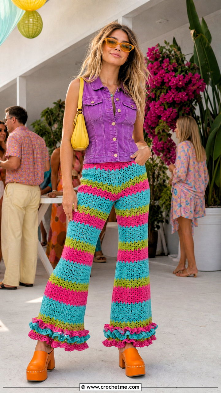 Ruffle Hem Crochet Pants With Fitted Denim Vest - 35 crochet pants outfit ideas