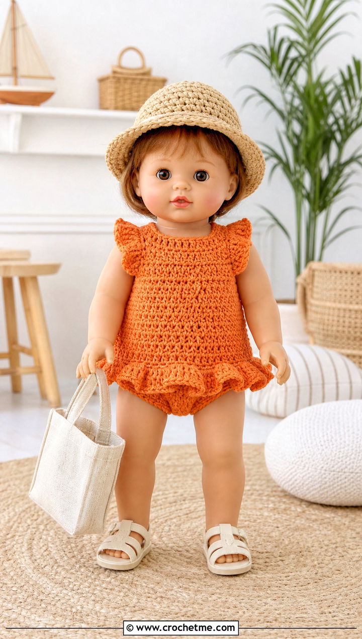 Ruffle Hem Doll Dress And Panties With Straw Hat - 15 crochet doll dress & panties outfit ideas