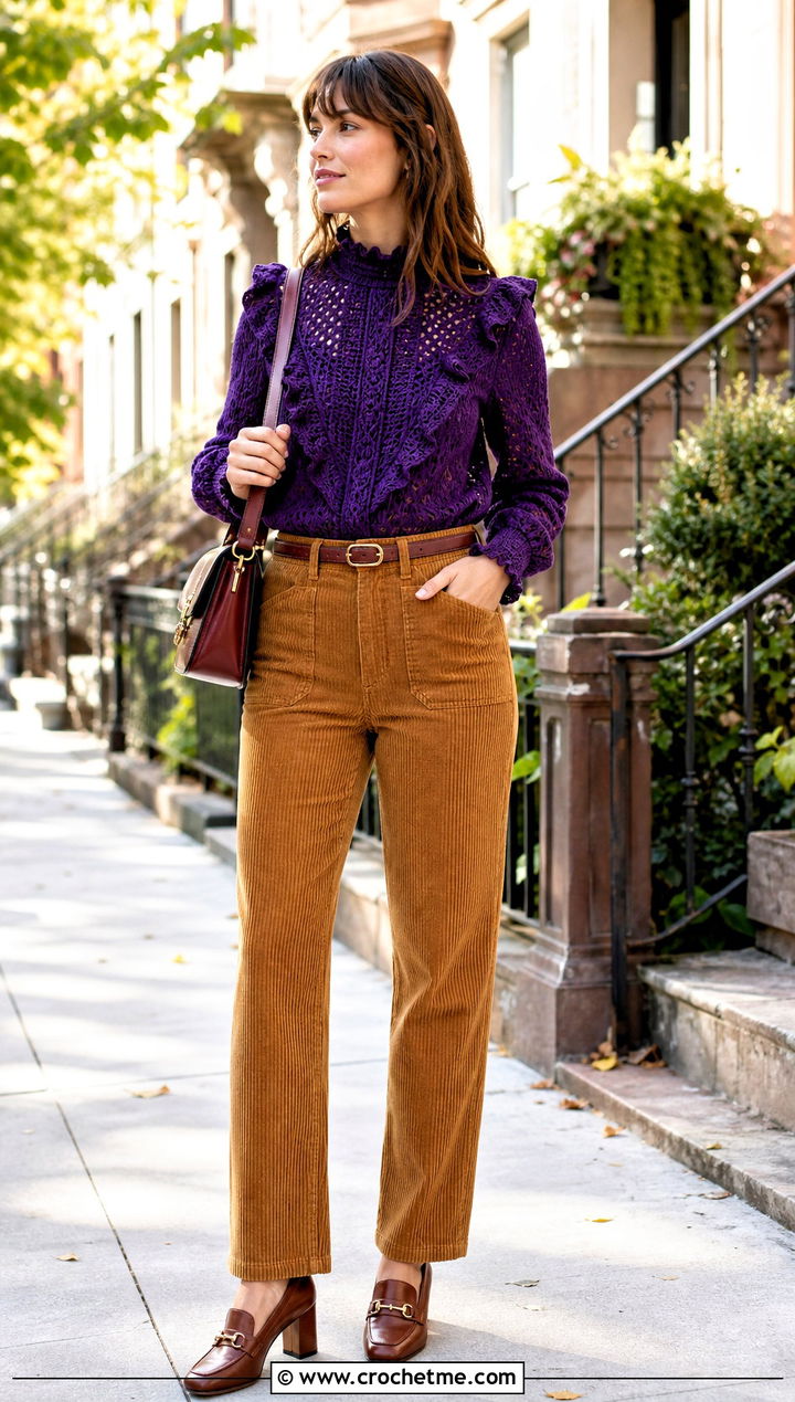 Ruffle Neck Crochet Blouse With Corduroy Trousers - 35 crochet vintage top outfit ideas