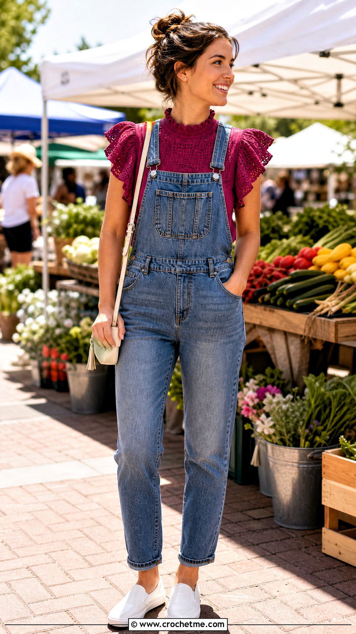 Ruffle Neck Crochet Blouse With Denim Overalls - 35 crochet summer blouse outfit ideas