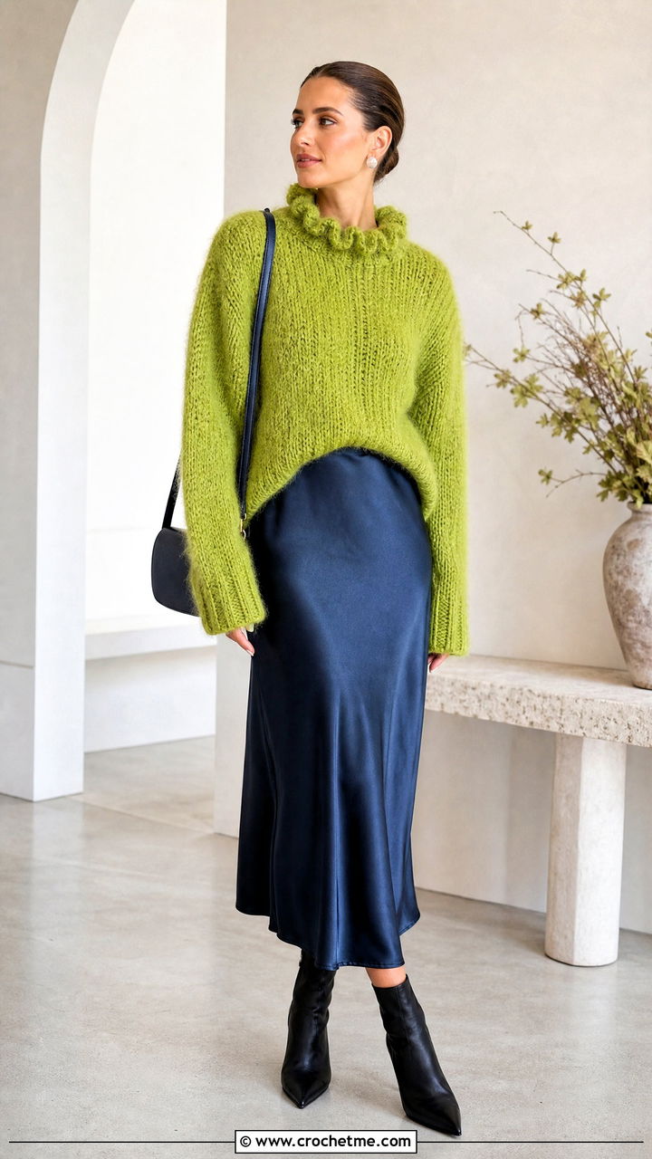 Ruffle Neck Crochet Fluffy Sweater With Slip Skirt - 35 crochet fluffy sweater outfit ideas