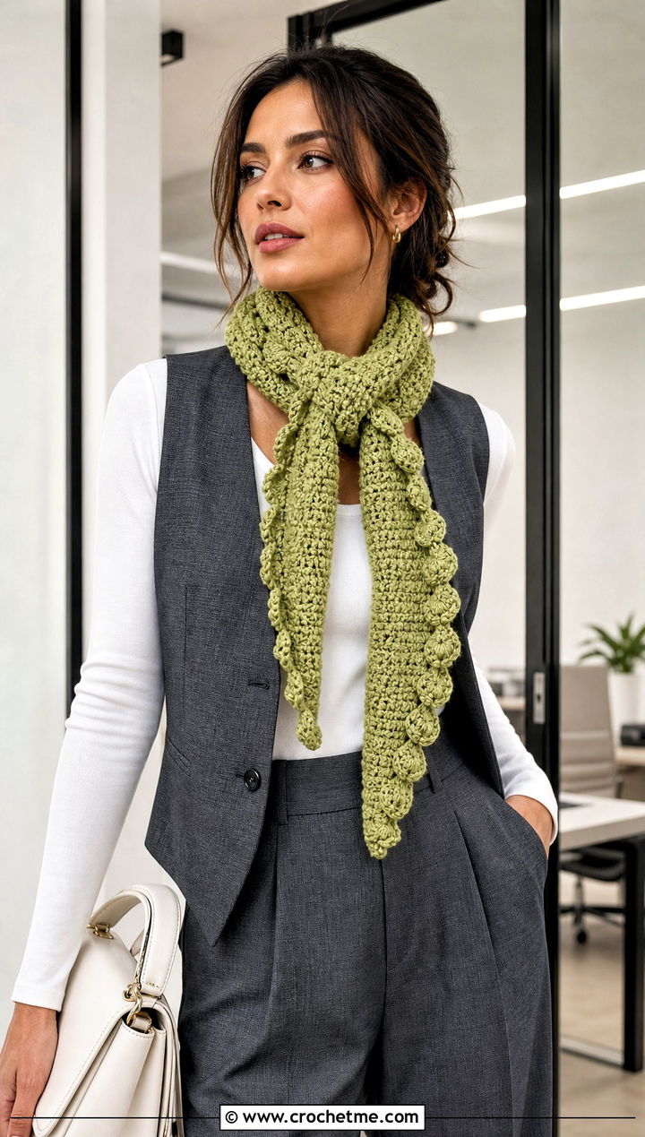 Ruffle One Ball Crochet Scarf With Tailored Vest - 15 one ball crochet scarf outfit ideas