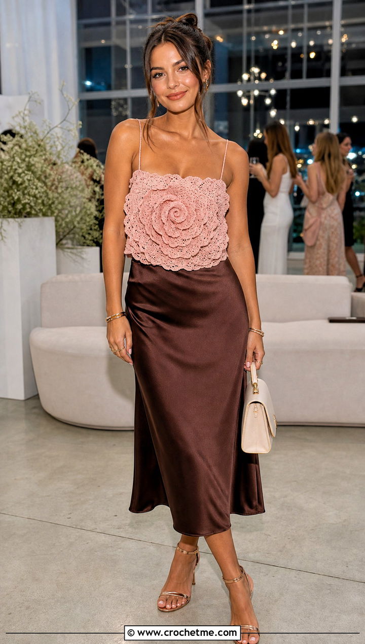 Ruffle Rose Crochet Cami With Satin Midi Skirt - 35 crochet rose top outfit ideas