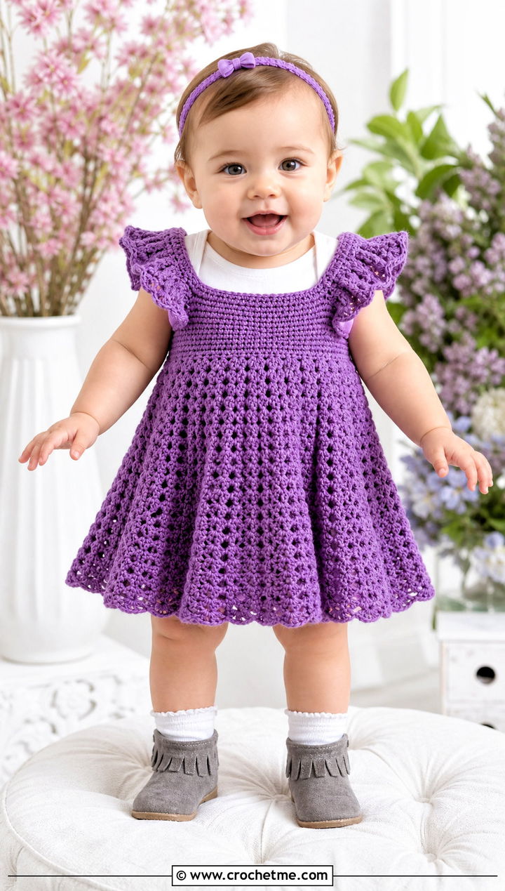 Ruffle Sleeve Crochet Blessing Dress With Ankle Booties - 15 Crochet Blessing Dress outfit ideas