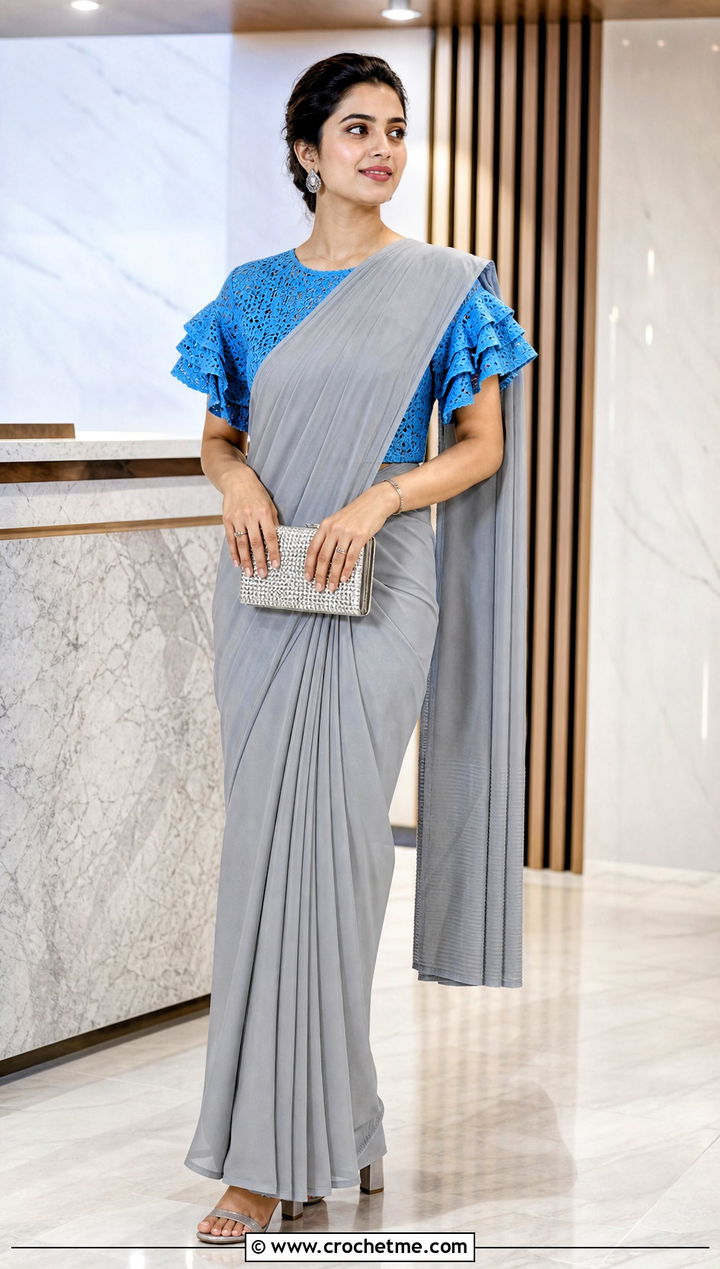 Ruffle Sleeve Crochet Blouse With Pleated Saree - 35 Crochet Blouse For Saree outfit ideas