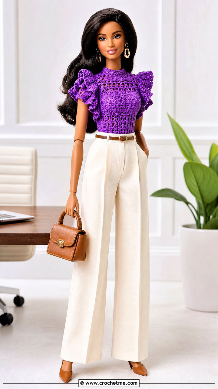Ruffle Sleeve Crochet Doll Blouse With Wide Leg Trousers - 35 crochet doll shirt outfit ideas