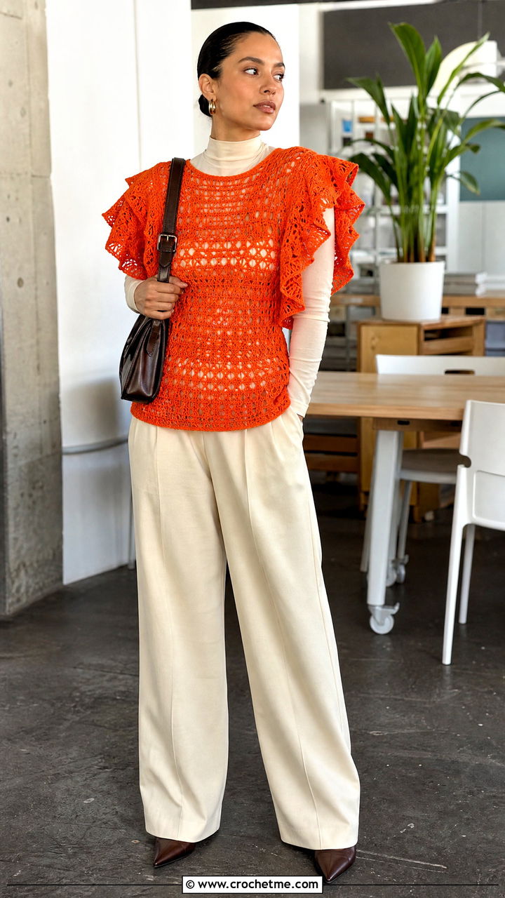 Ruffle Sleeve Crochet Dress With Wide Leg Trousers - 35 crochet ruffle dress outfit ideas