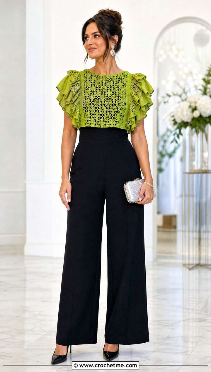 Ruffle Sleeve Crochet Overlay Top With Jumpsuit - 35 crochet layering top outfit ideas