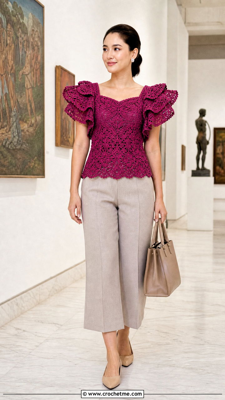 Ruffle Sleeve Crochet Terno Top With Culottes - 35 crochet filipiniana top outfit ideas