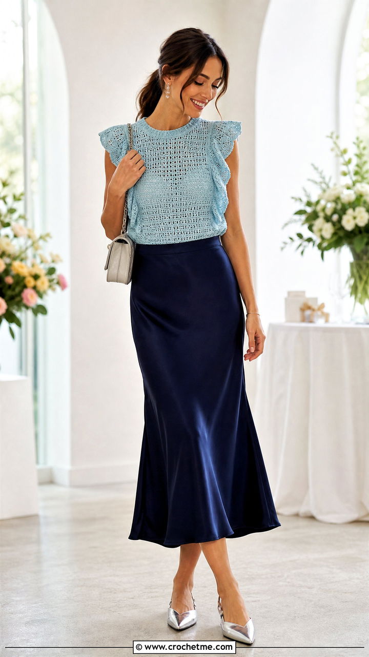 Ruffle Sleeve Crochet Top With Bias Cut Skirt - 35 simple crochet top outfit ideas