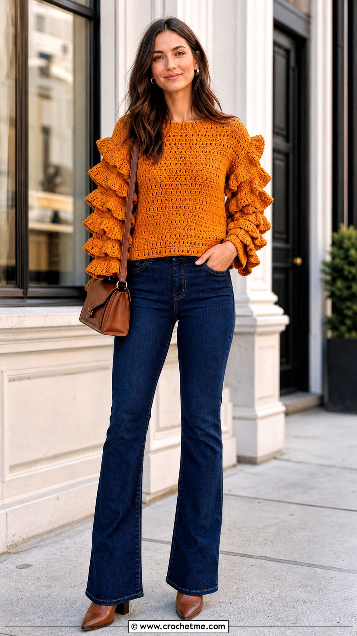 Ruffle Sleeve Crochet Top With Dark Wash Jeans - 35 beginner crochet tops outfit ideas