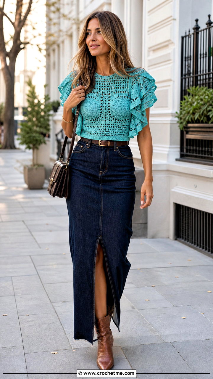 Ruffle Sleeve Crochet Top With Denim Maxi Skirt - 35 crochet ruffle top outfit ideas