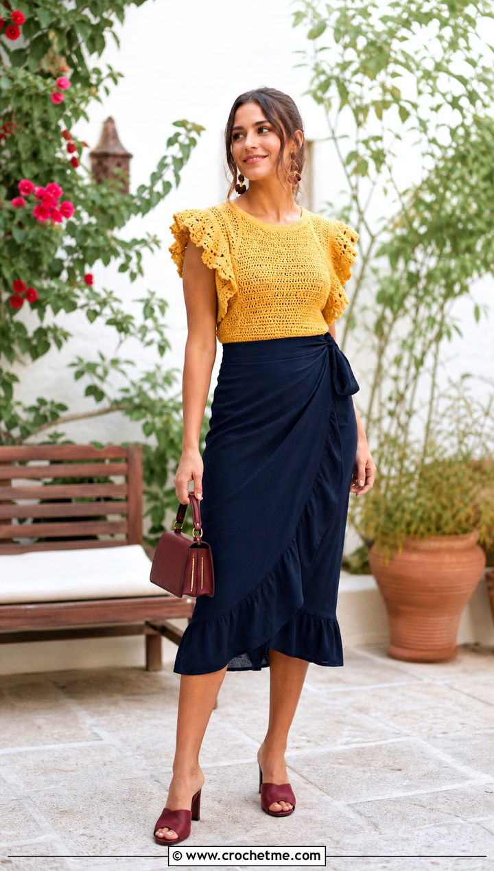 Ruffle Sleeve Raglan Crochet Top With Wrap Skirt - 35 raglan crochet top outfit ideas