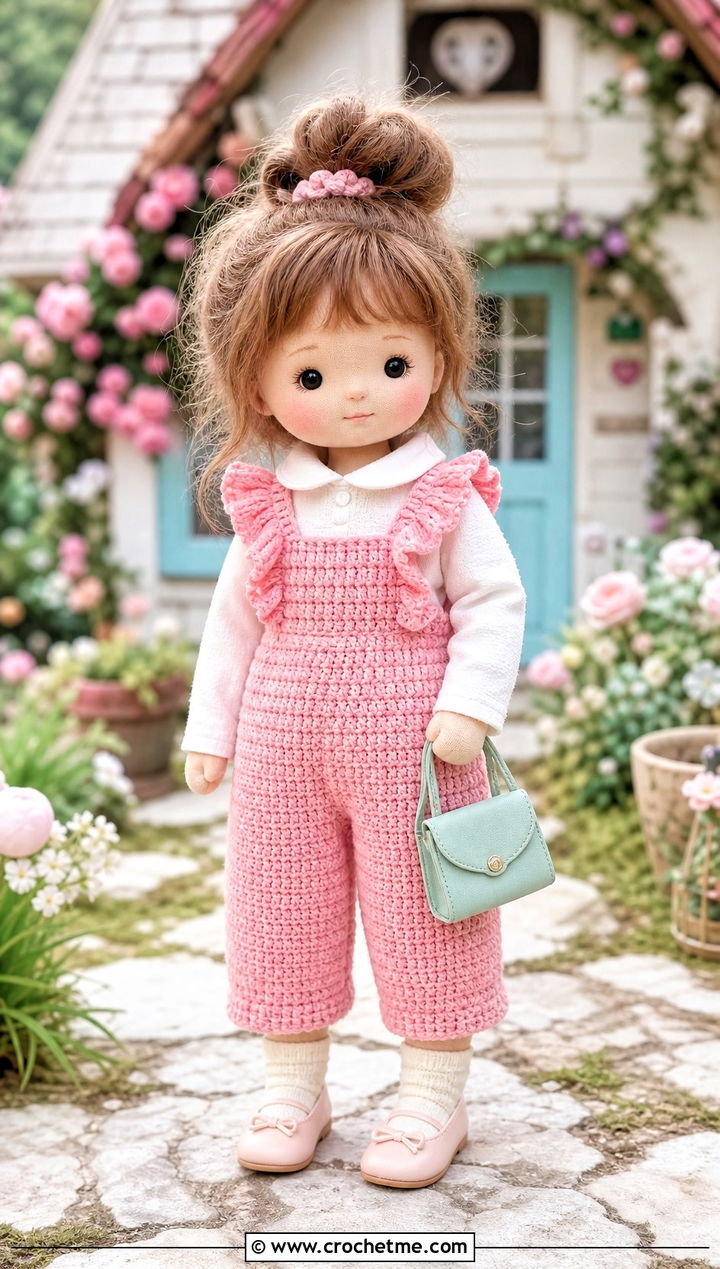 Ruffle Strap Crochet Doll Overalls With Peter Pan Collar Shirt - 30 crochet doll overalls outfit ideas