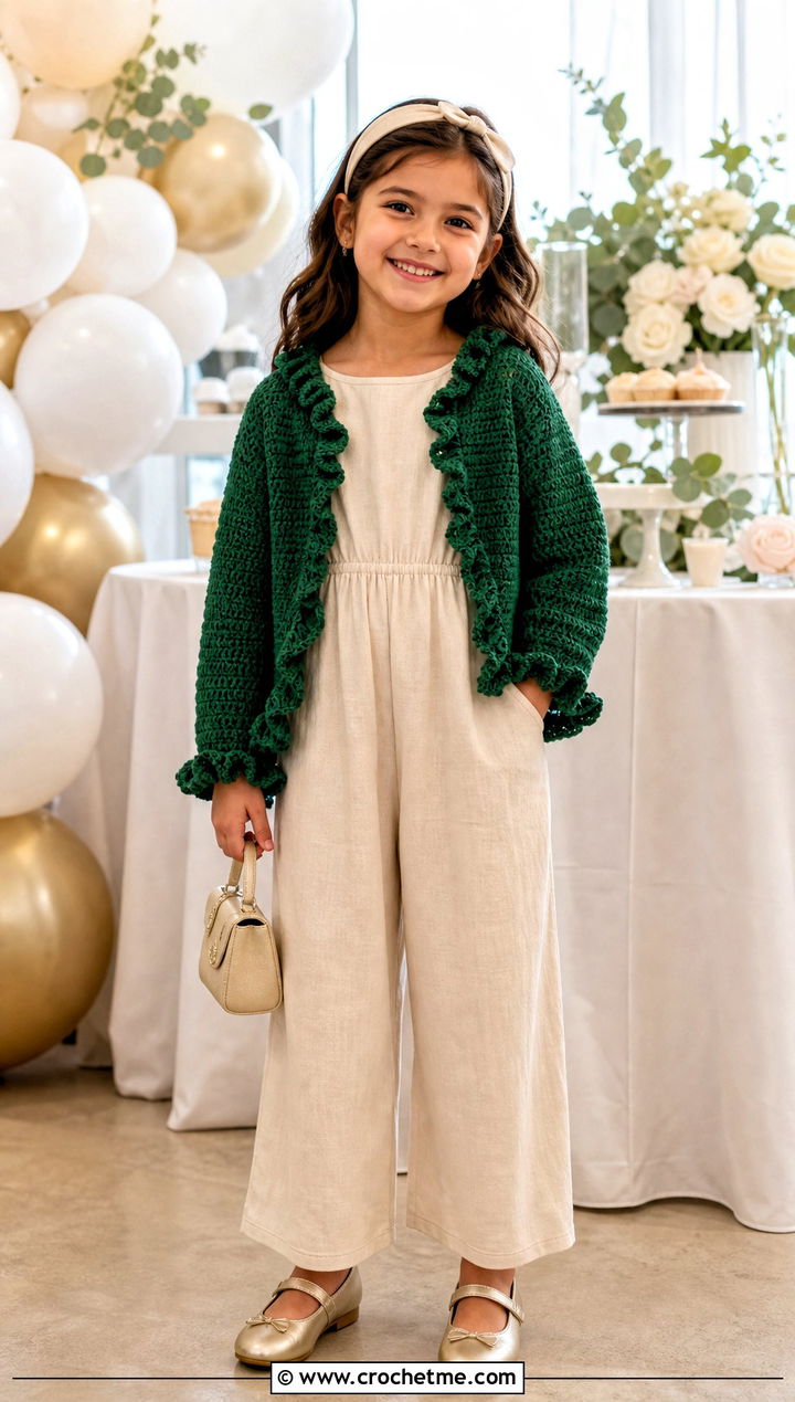 Ruffle Trim Crochet Cardigan With Jumpsuit - 25 Childs Crochet Cardigan outfit ideas
