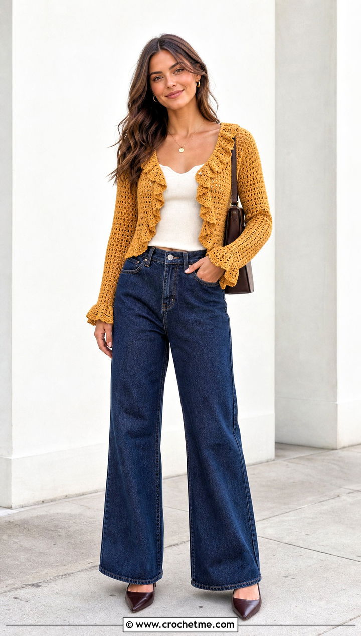 Ruffle Trim Crochet Crop Cardigan With Wide Leg Jeans - 30 crochet crop cardigan outfit ideas