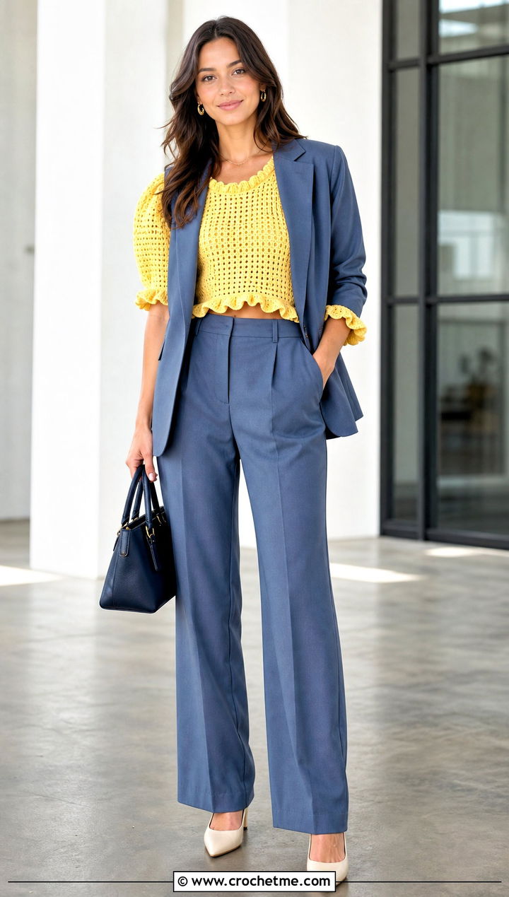 Ruffle Trim Crochet Puff Top With Relaxed Suit - 35 crochet puff top outfit ideas