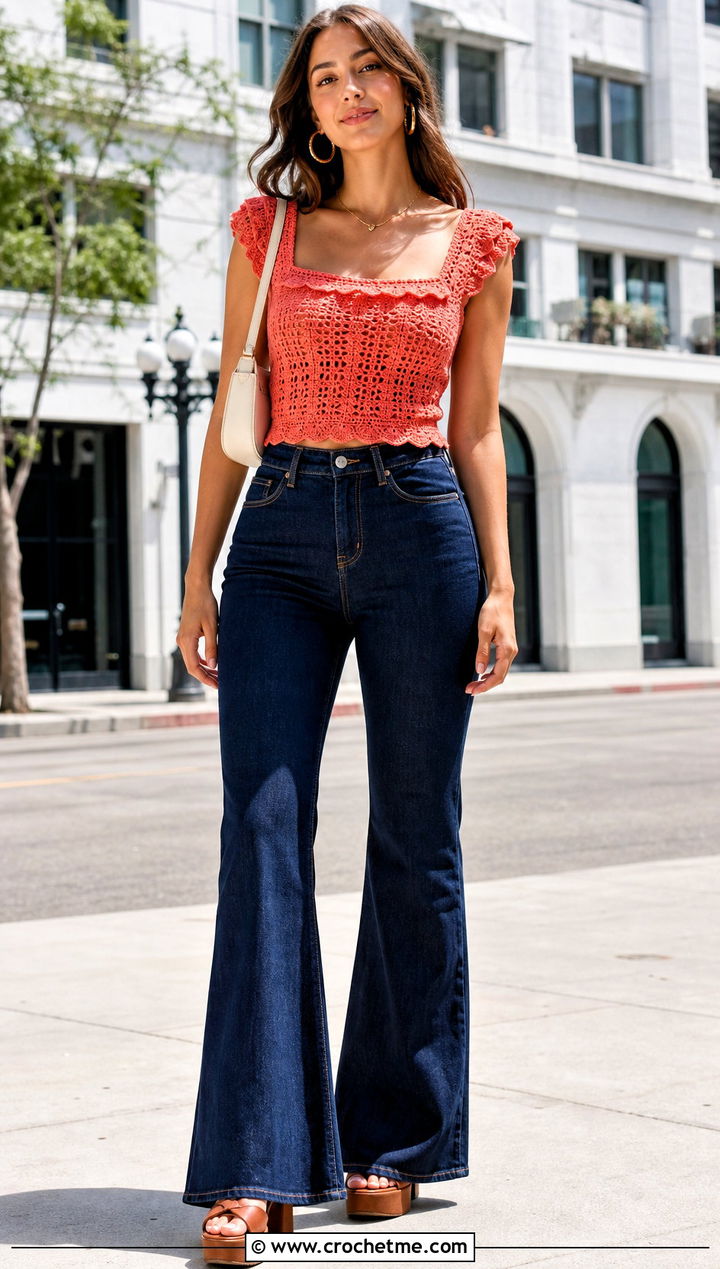 Ruffle Trim Crochet Square Neck Top With Flare Jeans - 35 crochet square neck top outfit ideas