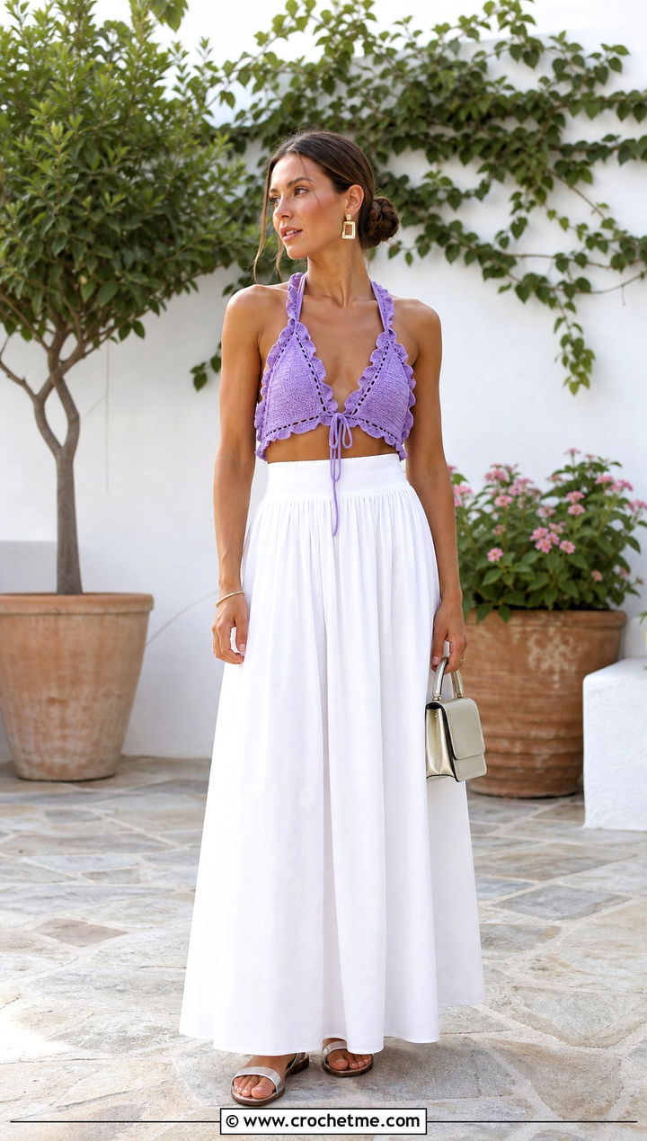 Ruffle Trim Crochet Triangle Top With Poplin Maxi Skirt - 35 crochet triangle top outfit ideas