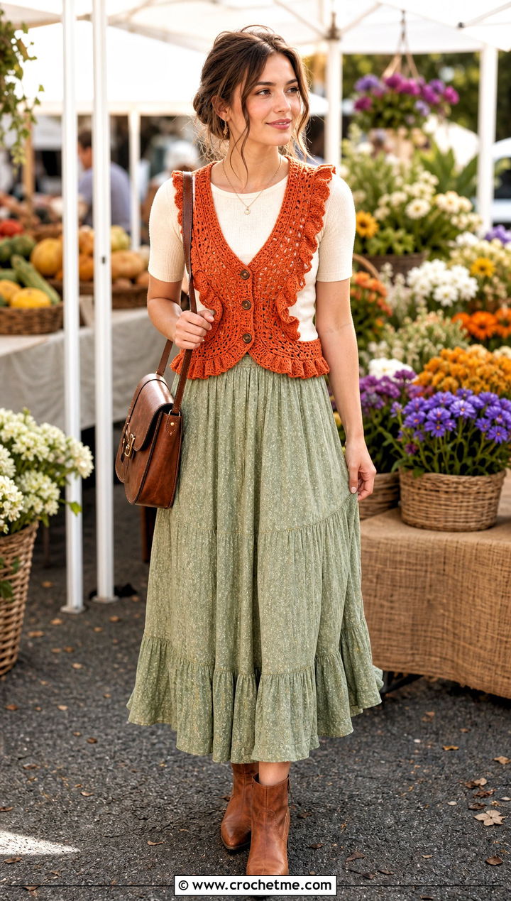 Ruffle Trim Crochet Vest With Prairie Skirt - 35 diy crochet vest outfit ideas