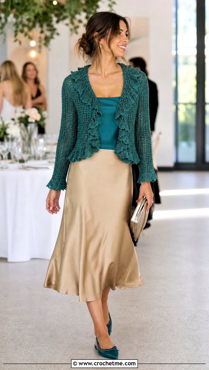 Ruffle Trim Cropped Crochet Cardigan With Bias Cut Skirt - 35 cropped crochet cardigan outfit ideas