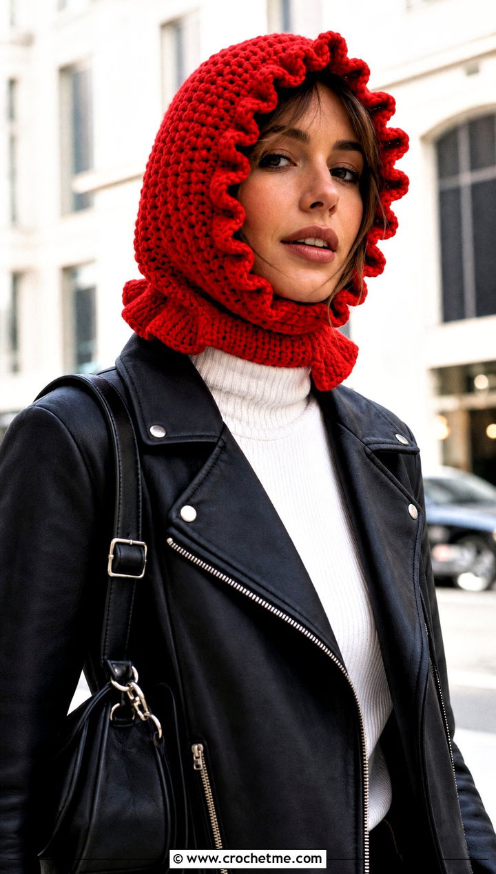 Ruffle Trim Hooded Crochet Balaclava With Moto Jacket - 30 hooded crochet balaclava outfit ideas