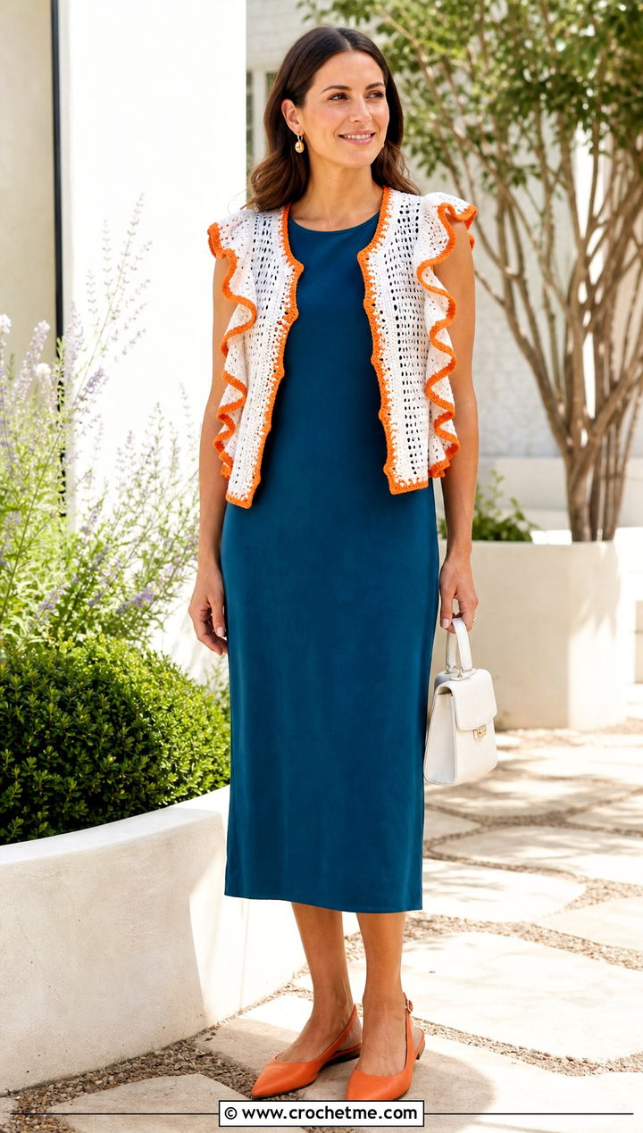 Ruffle Trim White Crochet Vest With Straight Midi Dress - 35 white crochet vest outfit ideas