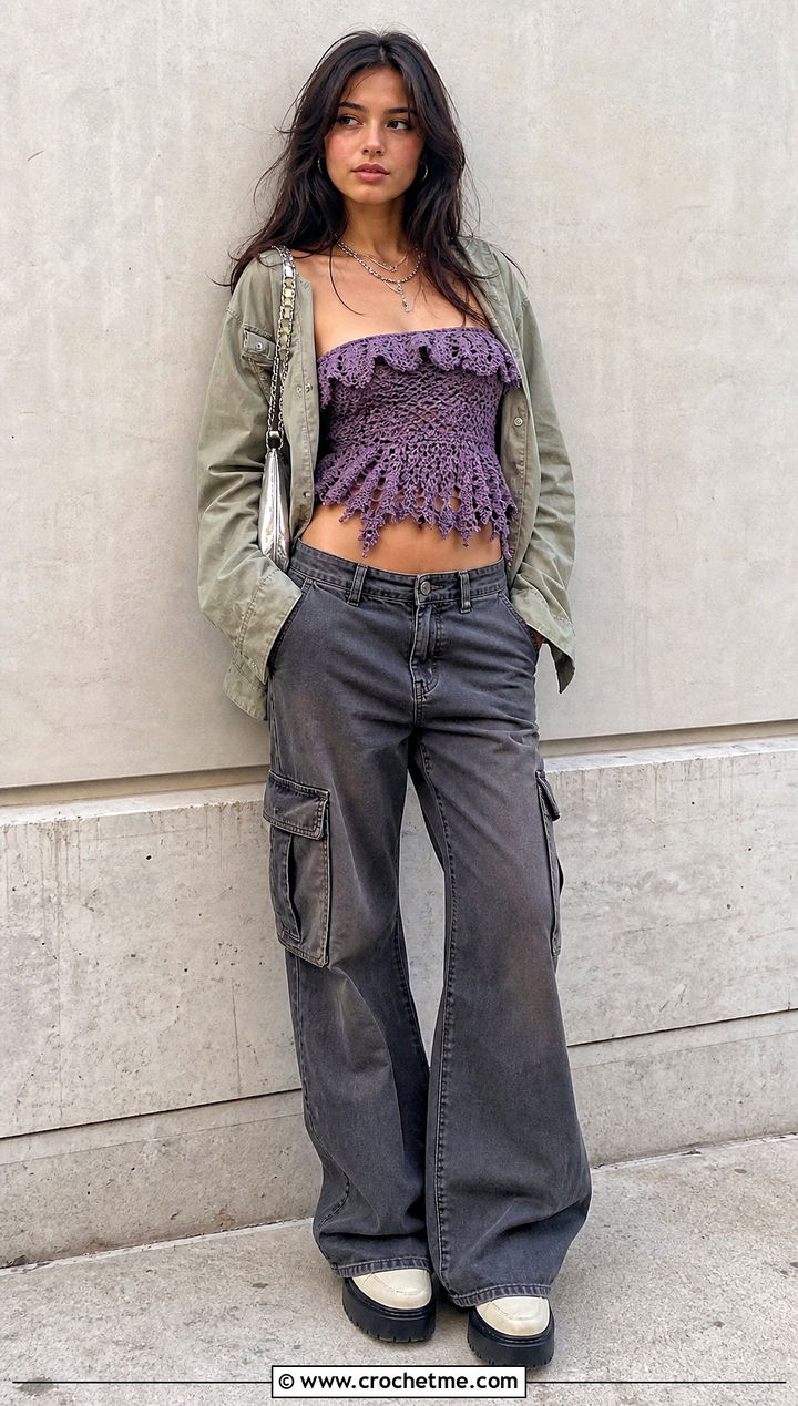 Ruffle Tube Crochet Fairy Grunge Top With Utility Jacket And Cargo Jeans - 20 Crochet Fairy Grunge Top outfit ideas