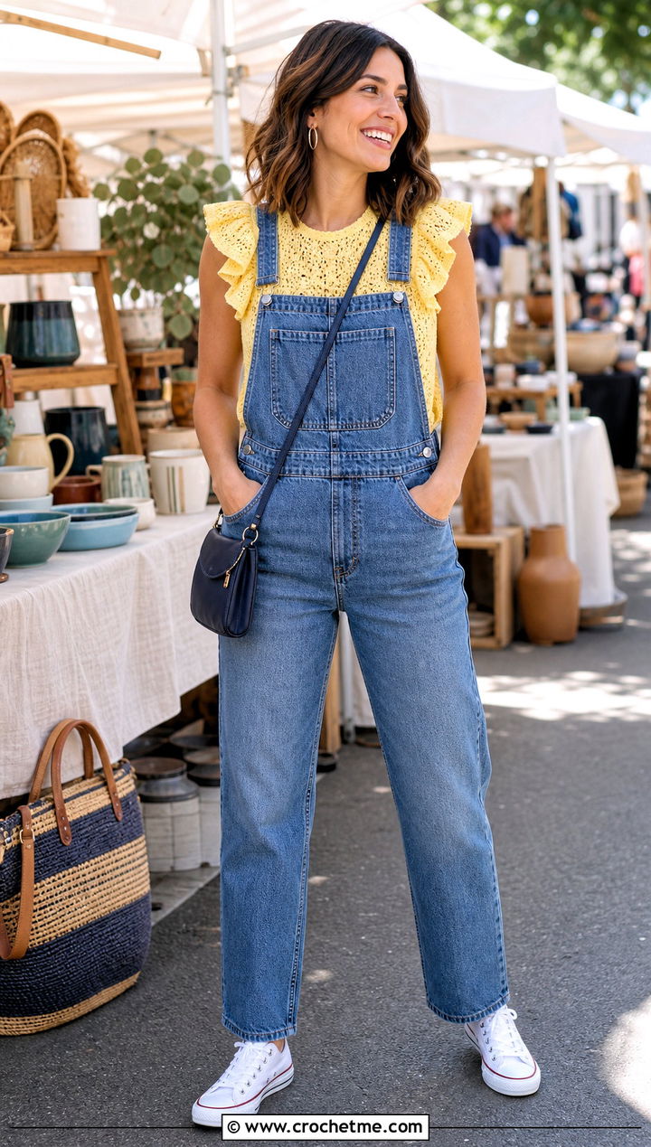 Ruffle Yoke Crochet Top With Denim Overalls - 35 crochet top with ruffles outfit ideas