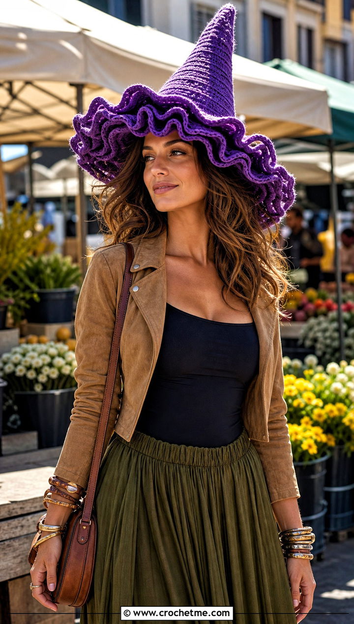Ruffled Brim Crochet Elphaba Hat With Maxi Skirt - 20 Crochet Elphaba Hat outfit ideas