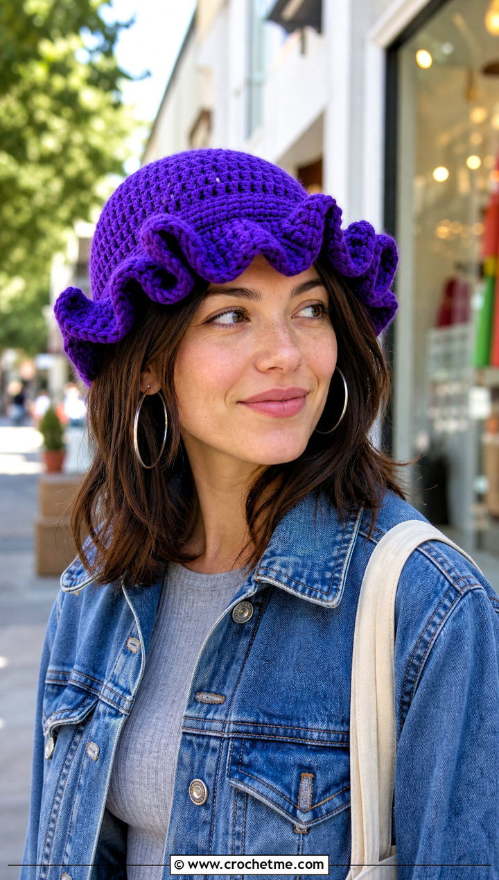 Ruffled Brim Crochet Flapper Hat With Denim Jacket - 30 crochet flapper hat outfit ideas