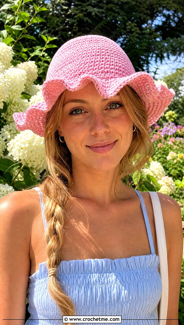 Ruffled Brim Crochet Hat With Cotton Sundress - 25 Easy Crochet Hats With Brim outfit ideas