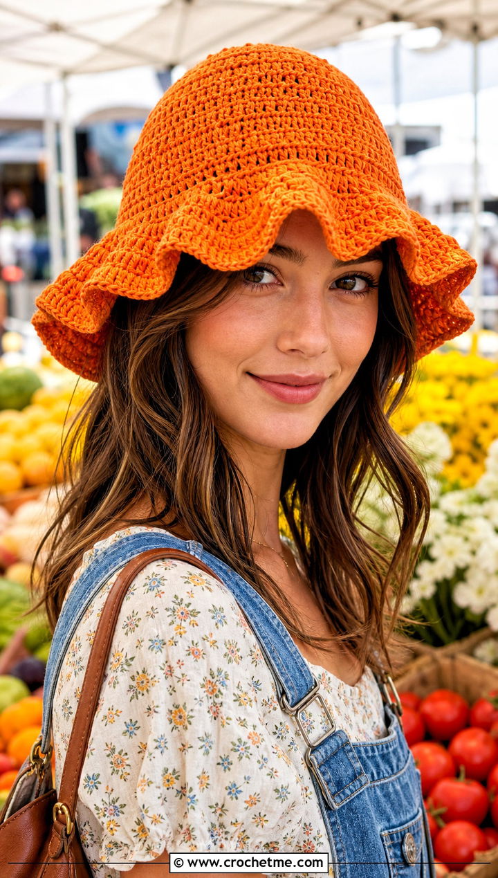 Ruffled Brim Crochet Hat With Denim Overalls - 15 Country Cottage Crochet Hat outfit ideas