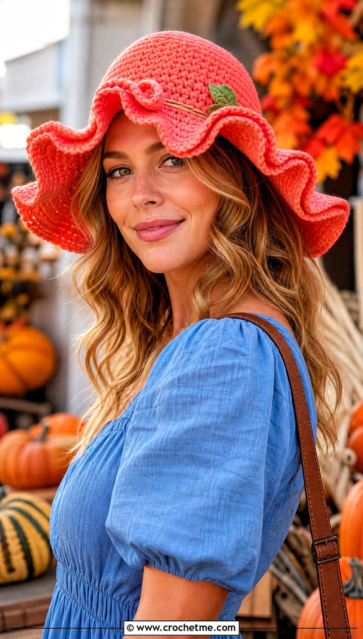 Ruffled Brim Crochet Scarecrow Hat With Puff Sleeve Dress - 30 crochet scarecrow hat outfit ideas