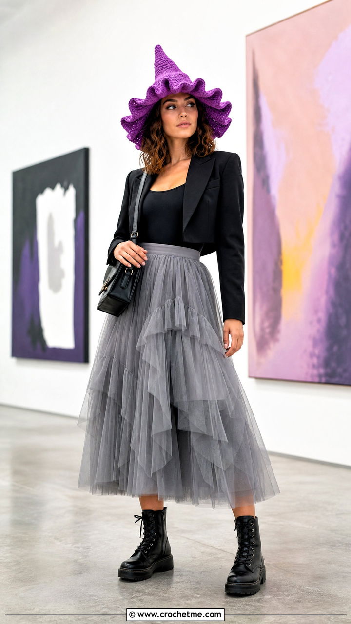 Ruffled Brim Crochet Witch Hat With Tulle Skirt - 35 crochet witch hat outfit ideas
