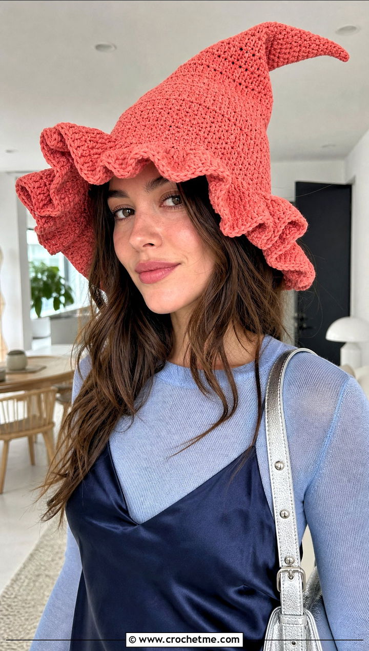Ruffled Brim Slouchy Crochet Witch Hat With Slip Dress - 30 slouchy crochet witch hat outfit ideas