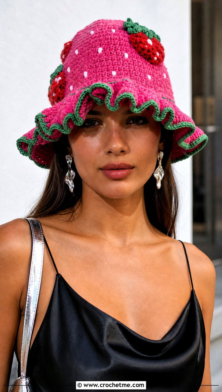 Ruffled Brim Strawberry Crochet Bucket Hat With Slip Dress - 15 strawberry crochet bucket hat outfit ideas