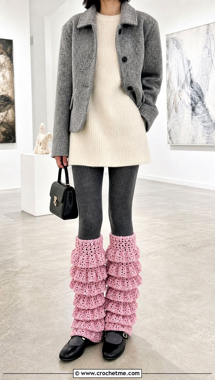 Ruffled Chunky Crochet Leg Warmers With Sweater Dress - 25 chunky crochet leg warmers outfit ideas