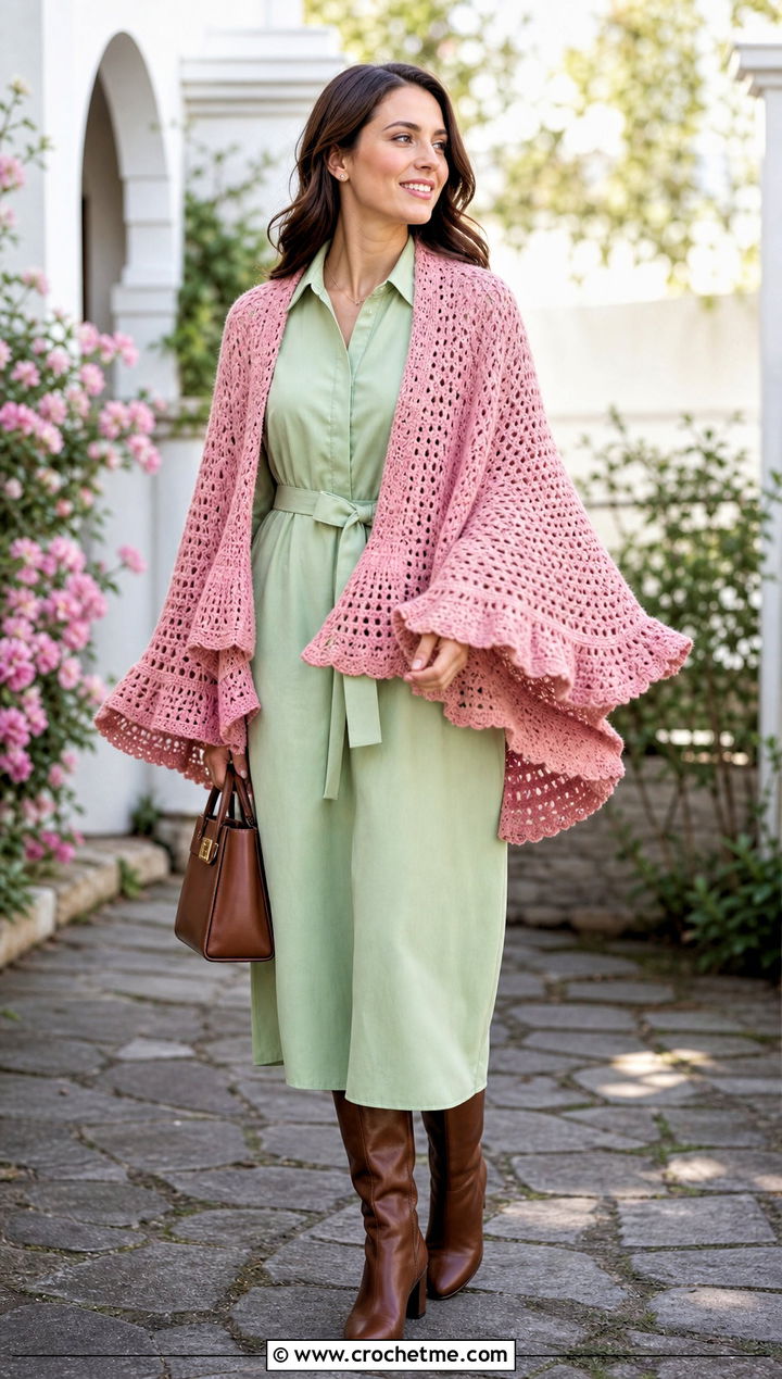 Ruffled Circle Crochet Shawl With Shirt Dress - 20 Circle Crochet Shawl outfit ideas