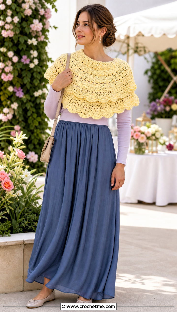 Ruffled Circular Crochet Shawl With Maxi Skirt - 25 beautiful crochet shawls and wraps outfit ideas