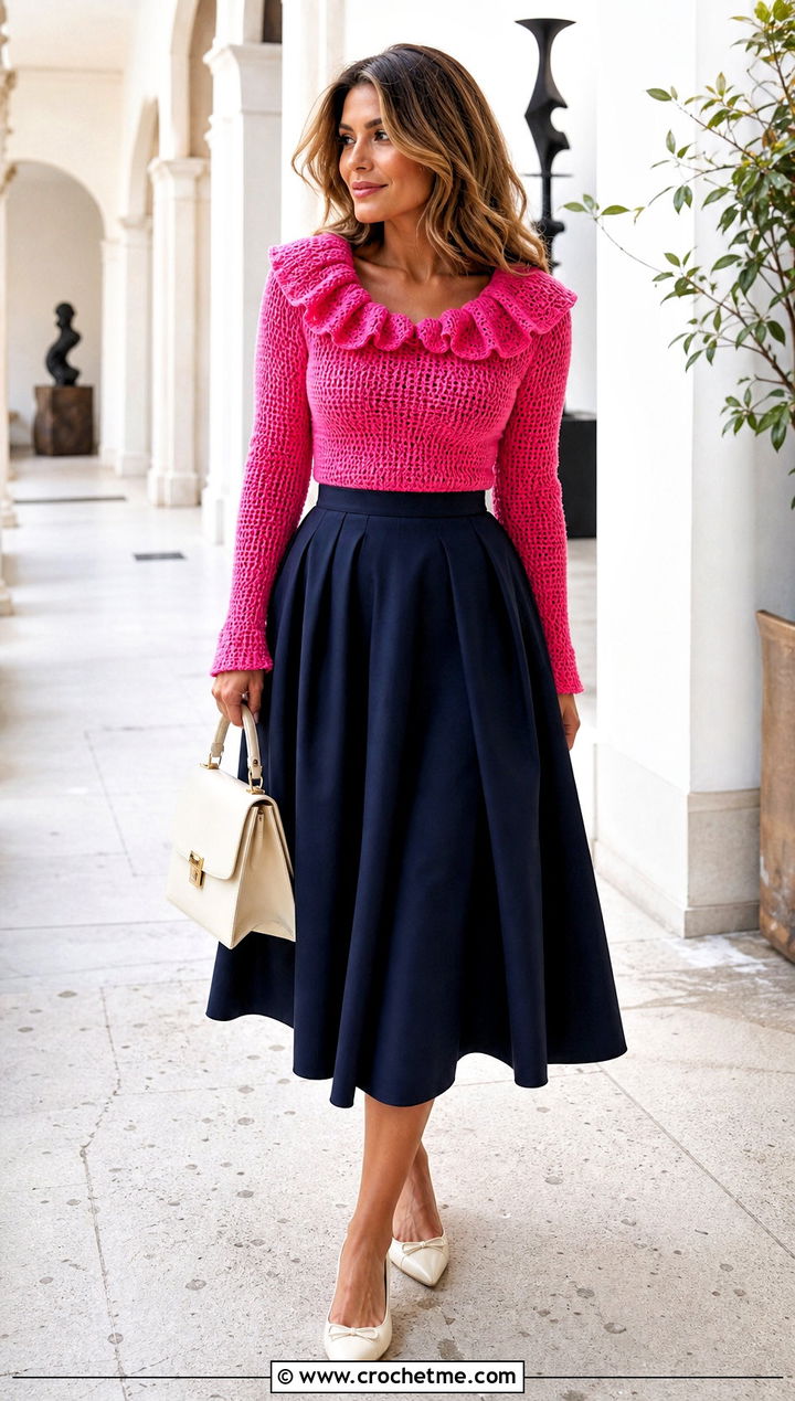 Ruffled Collar Crochet Sweater With Full Midi Skirt - 35 crochet sweater with collar outfit ideas