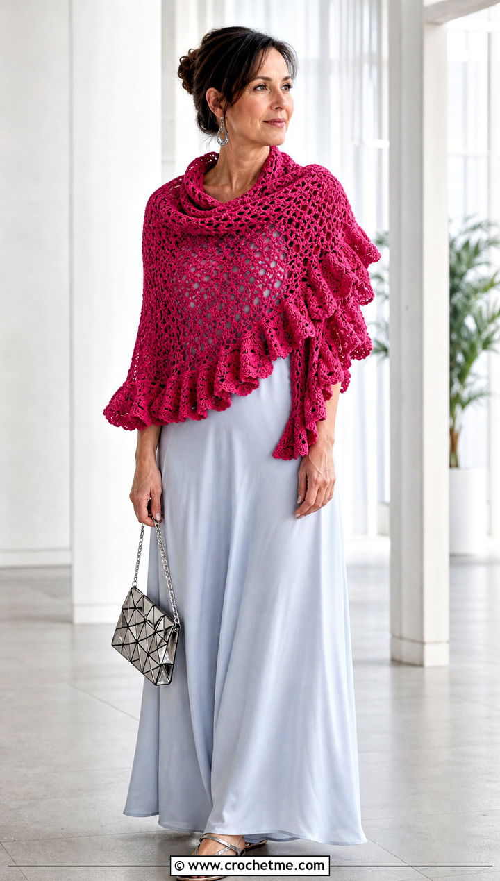 Ruffled Crescent Crochet Shawl With Minimalist Maxi Dress - 25 Crescent Crochet Shawl outfit ideas