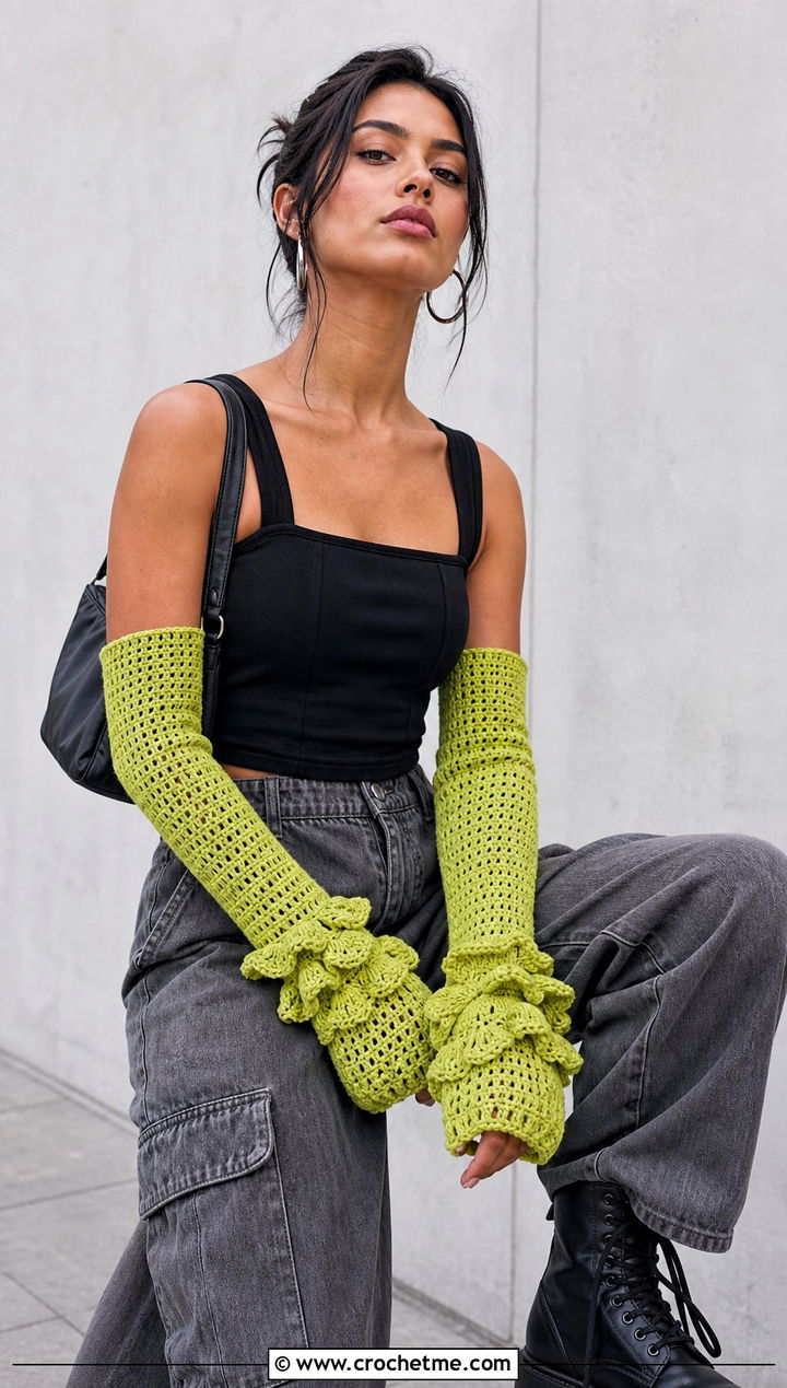 Ruffled Crochet Arm Warmers With Cargo Pants - 25 Crochet Arm Warmers Aesthetic outfit ideas